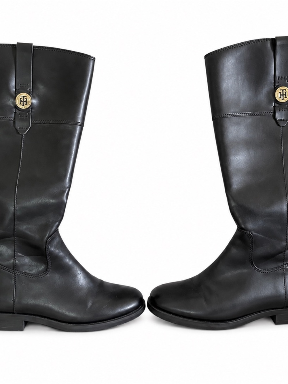 Tommy Hilfiger Women’s Black Knee High Riding Boots 9.5M Gold Logo Zip